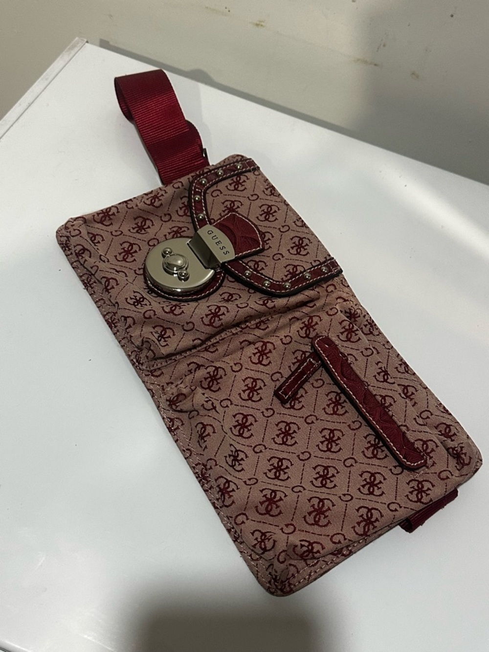 GUESS Burgundy Monogram Wallet with Silver-Tone Hardware